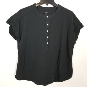 Quince Women 100% Organic Cotton Gauze Roll Sleeve Shirt Sz L Black